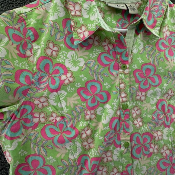 Duck Head Medium Women Button Up Floral Shirt Green Pink 1/2 Sleeve Stretch - Picture 9 of 14